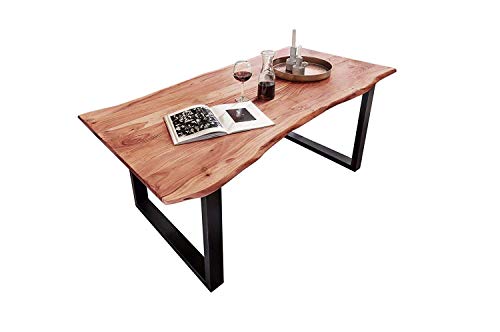Junado Baumkantentisch Quarto 160 x 85 cm aus Akazie-Holz naturfarben, Esszimmertisch mit schwarz lackierten Beinen, Baumtisch