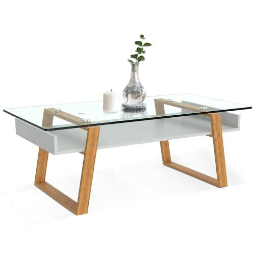 bonVIVO Couchtisch weiß mit Glas Holz Materialmix - Beistelltisch, Sideboard, Wohnzimmertisch - Modern Minimalistisch - Stilvoller Glastisch für Wohnzimmer, Schlafzimmer, Diele