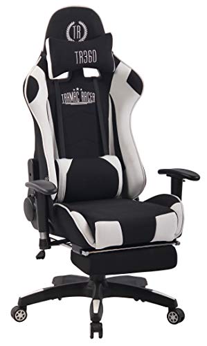 CLP Chefsessel Turbo XFM Stoff mit Massagefunktion l Höhenverstellbarer Bürostuhl mit ausziehbarer Fußablage und beheizbarem Sitzbereich, Farbe:schwarz/weiß