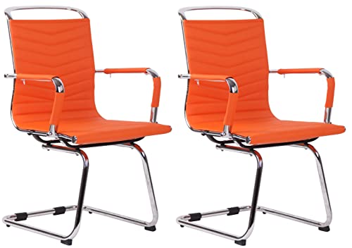 CLP 2er Set Stühle Burnley Mit Armlehne I Kunstleder- Oder Echtlederbezug I Freischwinger mit Bodenschonern, Farbe:orange, Material:Kunstleder