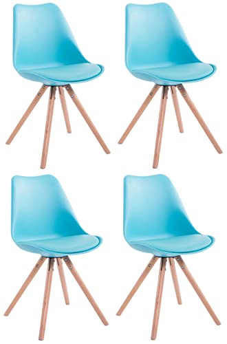 CLP 4er Set Stühle Toulouse Rund Mit Kunstlederbezug I Kunststoff Lehnstühle Mit Holzgestell, Farbe:blau, Gestell Farbe:Natura (Eiche)