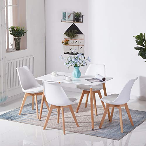 H.J WeDoo Rechteckig Esstisch Küchentisch Buchenholz für 4 Stühle Esszimmertisch Tisch mit Holzbein MDF Weiß 110 x 70 x 75 cm(Nur Tisch)