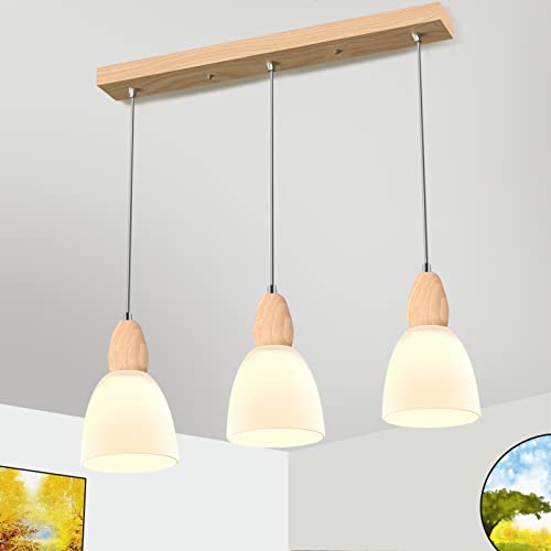 Modern Design Pendelleuchte Holz, Höhenverstellbar Holzlampe 3-Flamming Max 40 Watt 3 x E27, Hängelampe Esstisch