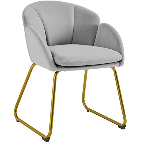 Yaheetech Gepolsterter Sessel mit Blütenblatt-Rückenlehne, Lehnstuhl mit Metallbeinen Gold, Esszimmerstuhl Polstersessel für Schminktisch, Küchenstuhl in Blumenform grau