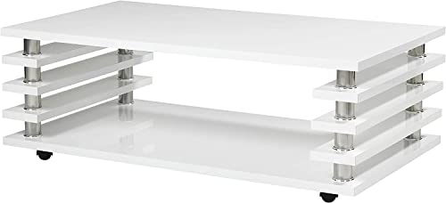 Couchtisch auf Rollen Weiß Hochglanz - mobiler Wohnzimmertisch mit kratzfester & pflegeleichter Klavierlack Oberfläche - Made in Germany - 115 x 65 x 43 cm