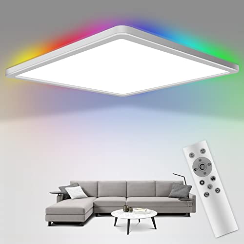 LED Dimmbare Deckenleuchte mit Fernbedienung, 24W RGB Farbwechsel Deckenlampe mit 3000k-6500k, 3200LM und 13-Farben 3W Backlight für Schlafzimmer/Wohnzimmer/Badezimmer/Küche, Quadrat Wasserdicht IP54