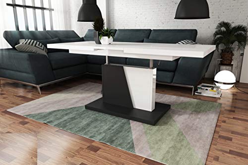 Design Couchtisch Tisch Grand Noir stufenlos höhenverstellbar ausziehbar 120 bis 180cm Esstisch (Weiß Hochglanz/Schwarz Matt)