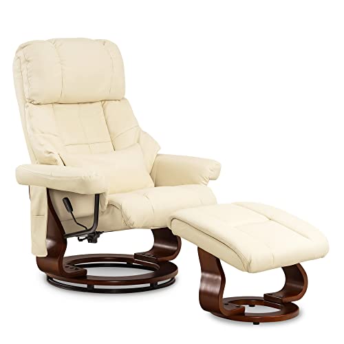 M MCombo Massagesessel mit Hocker, 360°drehbarer Relaxsessel mit Liegefunktion, moderner TV-Sessel Fernsehsessel mit Seitentasche für Wohnzimmer, Kunstleder, 9068 (Creme)