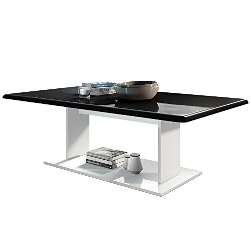 Vladon Couchtisch Beistelltisch Wohnzimmertisch Mono in Weiß mit Tischplatte in Schwarz Hochglanz