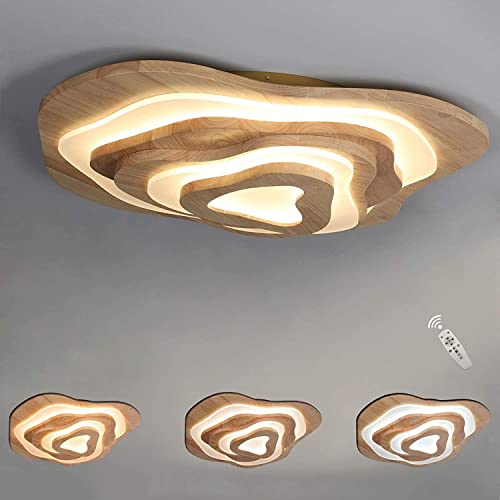 3-Etage LED Deckenleuchte Holz - Geölt Eiche Deckenlampe - Ring Dekorativ Acryl Schirm - Irreguläres Designlampen - Dimmbar Inkl. Fernbedienung - 50W - 3500lm - Ø60cm