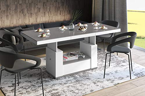 HU Design Couchtisch Tisch HM-111 Hochglanz Schublade höhenverstellbar ausziehbar Esstisch (Grau/Weiß Hochglanz)