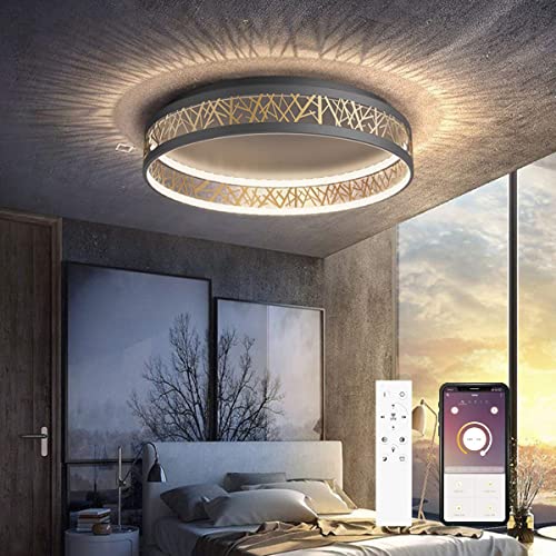 Yuanfenghua LED Deckenleuchte Mit Fernbedienung und App-Steuerung Dimmbar Schlafzimmer Lampe, Deckenleuchte Rund Schwarz Gold Aushöhlen Design Wohnzimmer