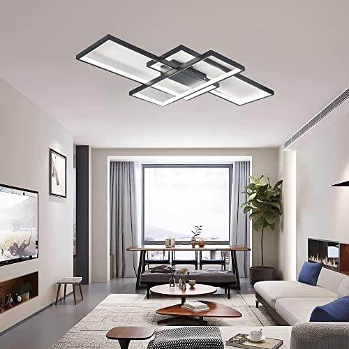 Qiaomao Moderne Wohnzimmerlampe Deckenleuchte 3-Schichtig Rechteckig Metallrahmen Acryl-Deckenleuchte mit Fernbedienung für Küche Schlafzimmer Ankleidezimmer Wohnzimmer Esszimmer-90cm-Black