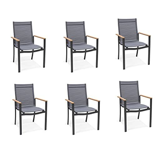NATERIAL - 6er Set Gartenstühle Dora mit Armlehnen - Gartensessel - Stapelbar - Recycelter Kunststoff - Aluminium - Eukalyptusholz - Dunkelgrau