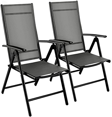 2 Hochlehner-Gartenstühle mit Aluminiumgestell, Esszimmerstuhl, Balkonstuhl, klappbar, wetterfest, 7-Fach verstellbare Rückenlehne, 120 kg belastbar - Schwarz