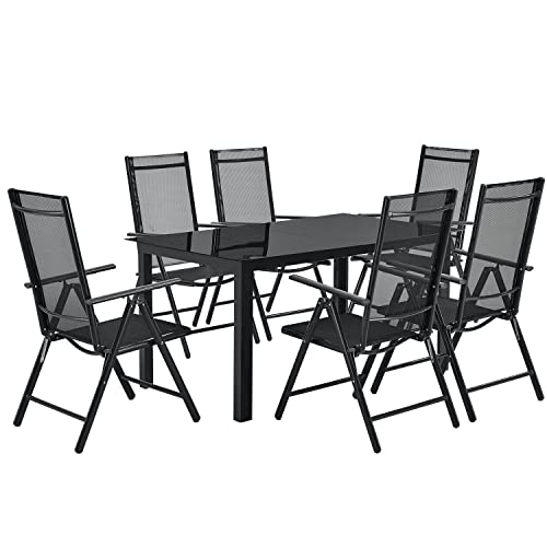 Juskys Aluminium Gartengarnitur Milano 6+1 — 6 Hochlehner Stühle verstellbar & klappbar mit Tisch — Gartenmöbel Set 7-teilig wetterfest — Grau