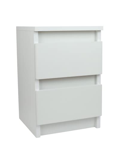 Kompakter Nachtschrank Weiss mit 2 Schubladen - Kleiner Couchtisch Weiß - Minimalistisch Beistelltisch Holz - Betttisch - Nachtkästchen mit Schublade