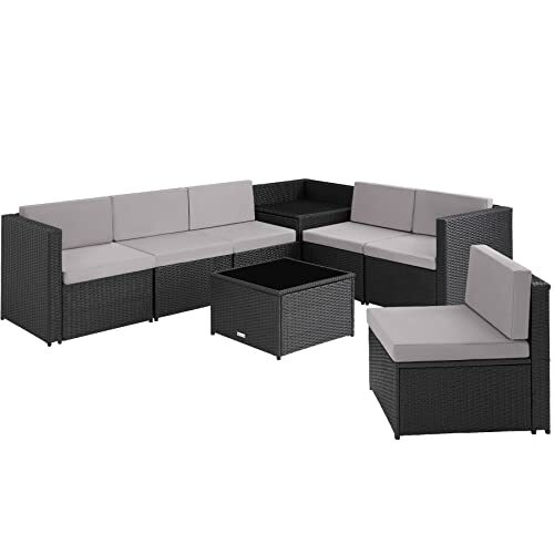 TecTake 800931 Poly Rattan Sitzgruppe Lounge, frei zu gruppierende Elemente, Gartenmöbel Set mit Aufbewahrungsbox, Tisch mit Glasplatte, inkl. Sitz- und Rückenkissen (Schwarz | Nr. 404233)