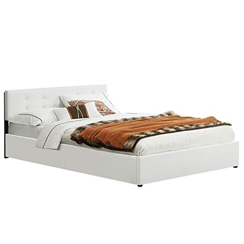 Juskys Polsterbett Marbella 140 x 200 cm mit Bettkasten & Lattenrost — Bettgestell aus Kunstleder und Holz — Bett Jugendbett weiß