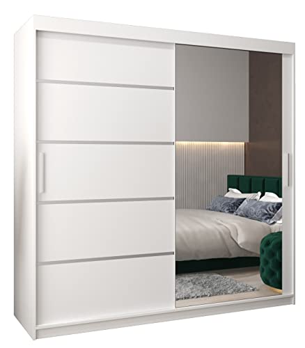 Kryspol Schwebetürenschrank Verona 2-200 cm mit Spiegel Kleiderschrank mit Kleiderstange und Einlegeboden Schlafzimmer- Wohnzimmerschrank Schiebetüren Modern Design (Weiß)