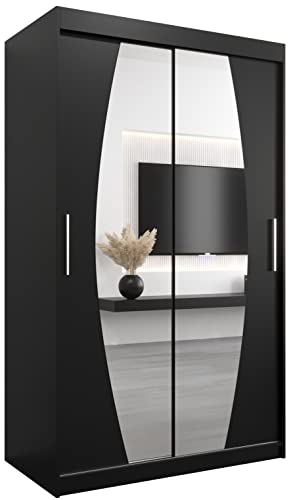 Kryspol Schwebetürenschrank Elypse 120 cm mit Spiegel Kleiderschrank mit Kleiderstange und Einlegeboden Schlafzimmer- Wohnzimmerschrank Schiebetüren Modern Design (Schwarz)