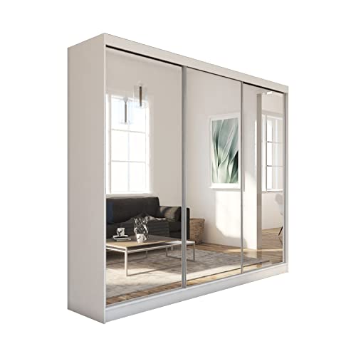 MEBLINI Kleiderschrank mit Spiegel, 3 Türen - Schwebetürenschrank mit Kleiderstange - Schlafzimmerschrank mit Einlegeböden - Wardrobe Closet - Debora - 240 cm - Weiß + Spiegel