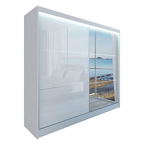 MKS MEBLE Weiß Kleiderschrank mit Spiegel - Valencia - 200 cm - Schwebetürenschrank Flurschrank Wardrobe - Schlafzimmerschrank - Modern Design