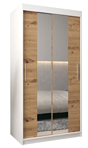 Kryspol Schwebetürenschrank Tokyo 1-100 cm mit Spiegel Kleiderschrank mit Kleiderstange und Einlegeboden Schlafzimmer- Wohnzimmerschrank Schiebetüren Modern Design (Weiß + Artisan Eiche)