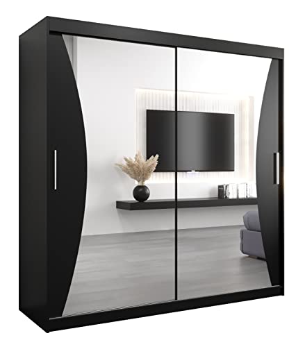 Kryspol Schwebetürenschrank Monaco 200 cm mit Spiegel Kleiderschrank mit Kleiderstange und Einlegeboden Schlafzimmer- Wohnzimmerschrank Schiebetüren Modern Design (Schwarz)