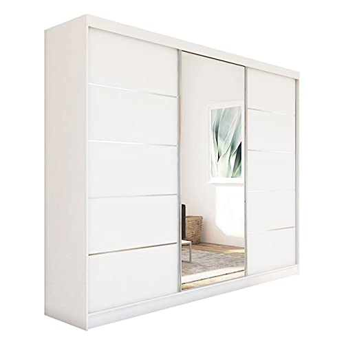 MKS MEBLE Weiß Kleiderschrank - Mazedonien - mit Spiegel - 240 cm - Schwebetürenschrank Flurschrank Wardrobe - Schlafzimmerschrank - Modern Design