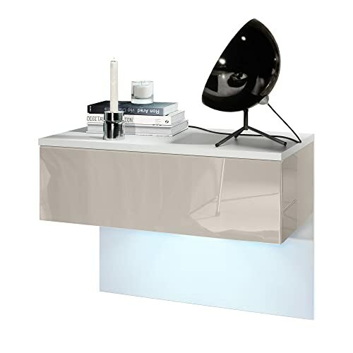 Vladon Nachttisch Sleep, Nachttischschrank mit Schublade zur Wandmontage, Weiß matt/Sandgrau Hochglanz, inkl. LED-Beleuchtung (60 x 46 x 35 cm)