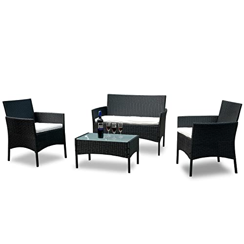 Yakimz Polyrattan Sitzgruppe, Gartenmöbel Set, Schwarz, 7-teilige Balkonmöbel inkl. Sitzpolster und Tisch, Terrassenmöbel für 4 Personen, für Outdoor Garten Terrasse