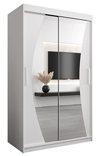 Kryspol Schwebetürenschrank Wave 120 cm mit Spiegel Kleiderschrank mit Kleiderstange und Einlegeboden Schlafzimmer- Wohnzimmerschrank Schiebetüren (Weiß)