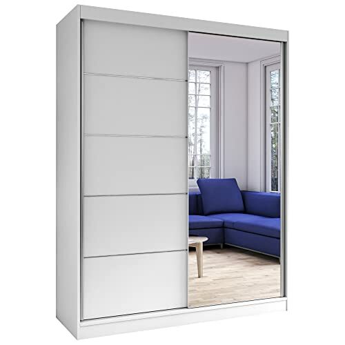 Fabryka Mebli Idźczak Schiebetürenschrank, eleganter Kleiderschrank Schrank Garderobe Spiegel Vista 05, Schlafzimmer- Wohnzimmerschrank Schiebetüren Modern Design (Weiß/Weiß)