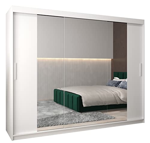 Kryspol Schwebetürenschrank Tokyo 2-250 cm mit Spiegel Kleiderschrank mit Kleiderstange und Einlegeboden Schlafzimmer- Wohnzimmerschrank Schiebetüren Modern Design (Weiß)