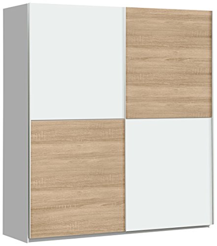 FORTE Winner Schwebetürenschrank mit 2 Türen, Holzwerkstoff, Weiß + Sonoma Eiche Dekor, 170.3 x 61.2 x 190.5 cm
