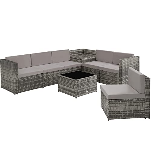 TecTake 800931 Poly Rattan Sitzgruppe Lounge, frei zu gruppierende Elemente, Gartenmöbel Set mit Aufbewahrungsbox, Tisch mit Glasplatte, inkl. Sitz- und Rückenkissen (Grau | Nr. 404234)