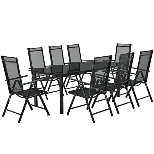 Juskys Aluminium Gartengarnitur Milano 8+1 — 8 Hochlehner Stühle verstellbar & klappbar mit Tisch — Gartenmöbel Set 9-teilig wetterfest — Grau