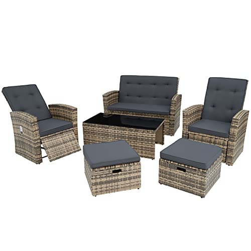 TecTake 801040 Aluminium Poly Rattan Lounge Sitzgruppe für 6 Personen, Gartenmöbel Set mit Sofa, Sessel, Hocker + Tisch, Sessel mit verstellbaren Rückenlehnen, inkl. Polster (Natur | Nr. 404305)