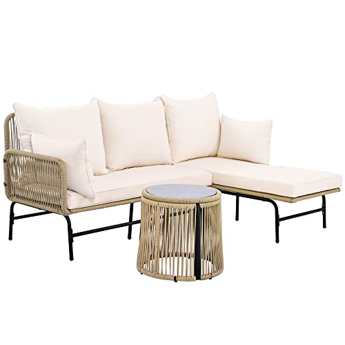 FEZTOY Gartenliege Lounger Gartenmöbel-Set, L-förmiges Gesprächsset mit Tisch, Gartenmöbel aus gewebtem Seil für den Außenbereich, Beige