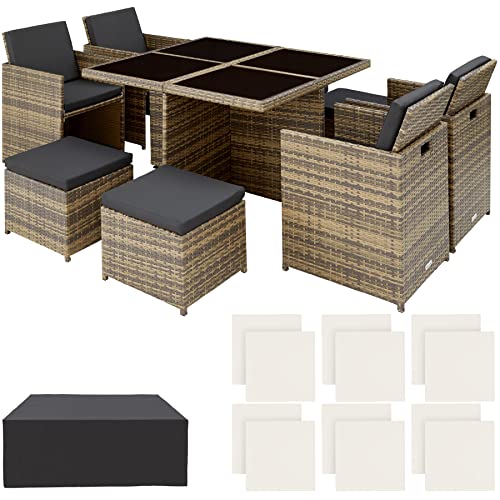 TecTake 800857 Poly Rattan Aluminium 4+1+4 Sitzgruppe Cube 4 Stühle 1 Tisch 4 Hocker + Schutzhülle & Edelstahlschrauben, als Würfel verstaubar (Natur | Nr. 403757)