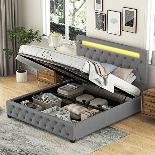 Azkoeesy Polsterbett Stauraumbett 140x200 cm, mit Bluetooth-Musikplayer, mit 2 USB-Anschluss, Funktionsbett Doppelbett, mit verstellbares Kopfteil und Lattenrost, Leinenstoff (Grau)